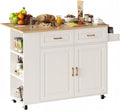 IRONCK Kitchen Island with Power Outlet & Drop Leaf, 47.2' Width Rolling Kitchen Island on Wheels with Storage, Mobile Kitchen Island Cart with Spice Rack, Open Shelves and Drawer, White