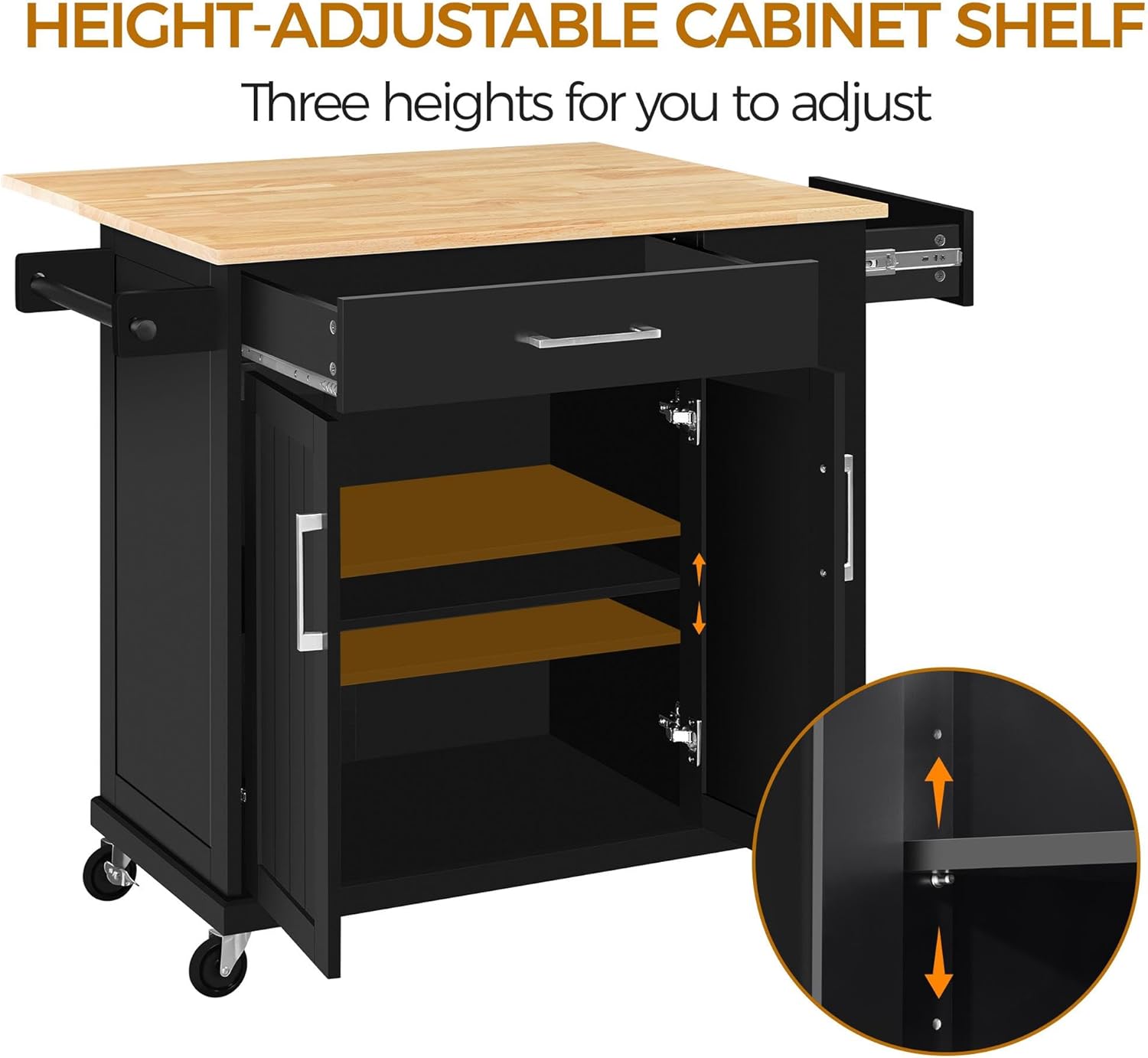 Yaheetech Rolling Kitchen Island Cart with Drop Leaf, Portable Rubberwood Breakfast Bar with Storage Cabinet, Open Shelves & Detachable Towel, 2 Drawers, Black