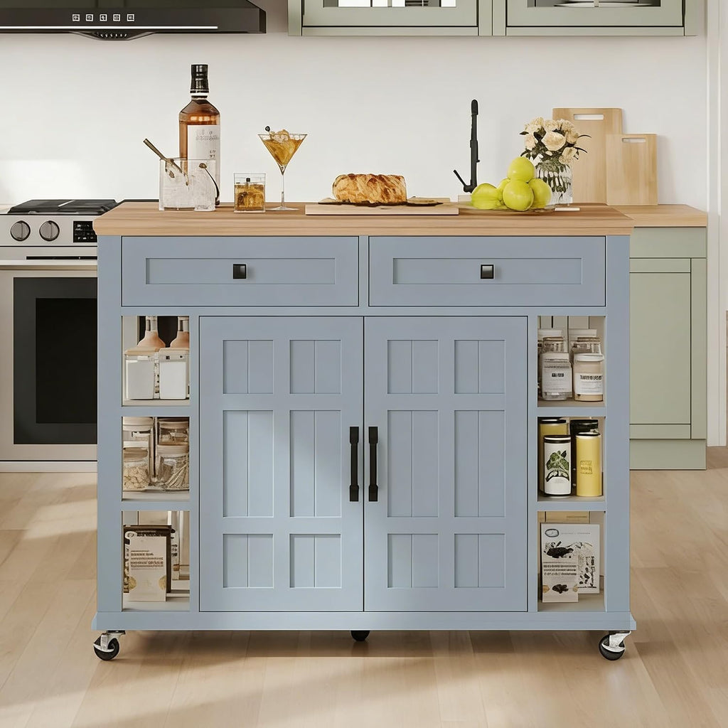 DWVO Rolling Kitchen Island with Drop Leaf, Mobile Storage Islands with Power Outlet Foldable Tabletop, 2 Drawers and Open Shelves, for Living Room, Dining Room, Blue Gray