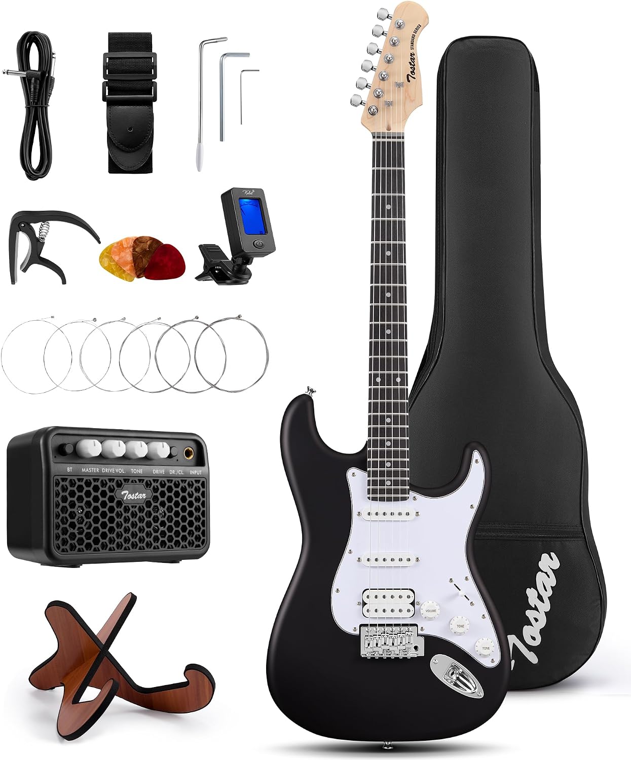 Tostar 39-Inch Full Size Electric Guitar Kit, Strat-Style 5-Way SSH Pickup Switch, Beginner Set Including Amp, Strings, Guitar Stand & Gig Bag,Gift for Adults & Beginners-Black