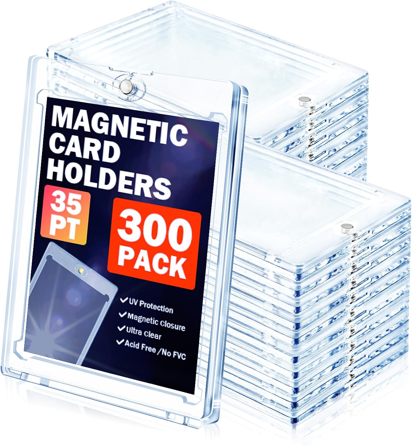 300ct Magnetic Card Holder for Trading Cards, 35pt One Touch Card Holders, Hard Plastic U-V Protection Display Case for Baseball, Football, Sports, Game, TCG, MTG, YUGIOH