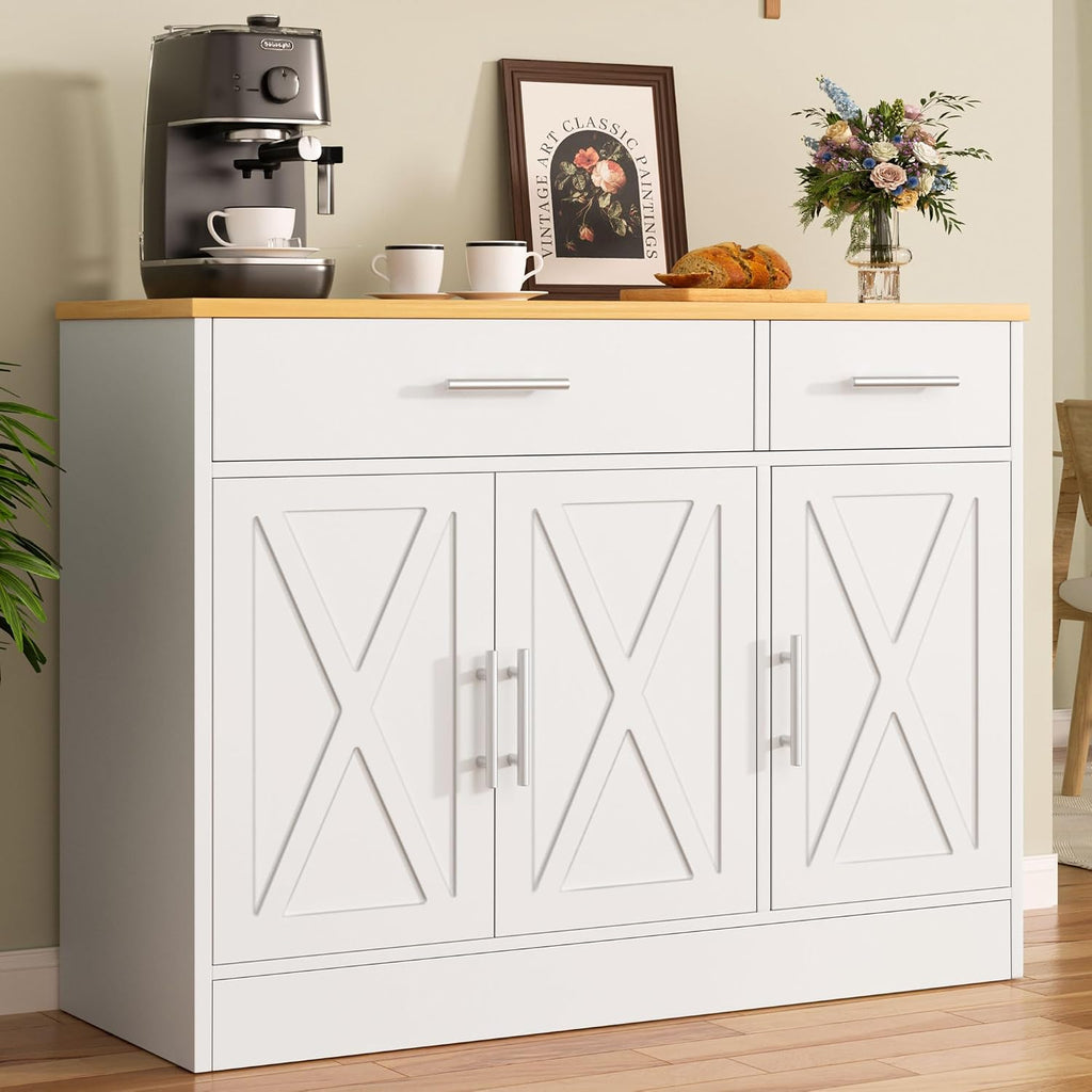 Buffet Cabinet with Storage, Coffee Bar Cabinet, Farmhouse Wood Kitchen Cabinets with Drawers and Doors, Wide Sideboard Cabinets, White
