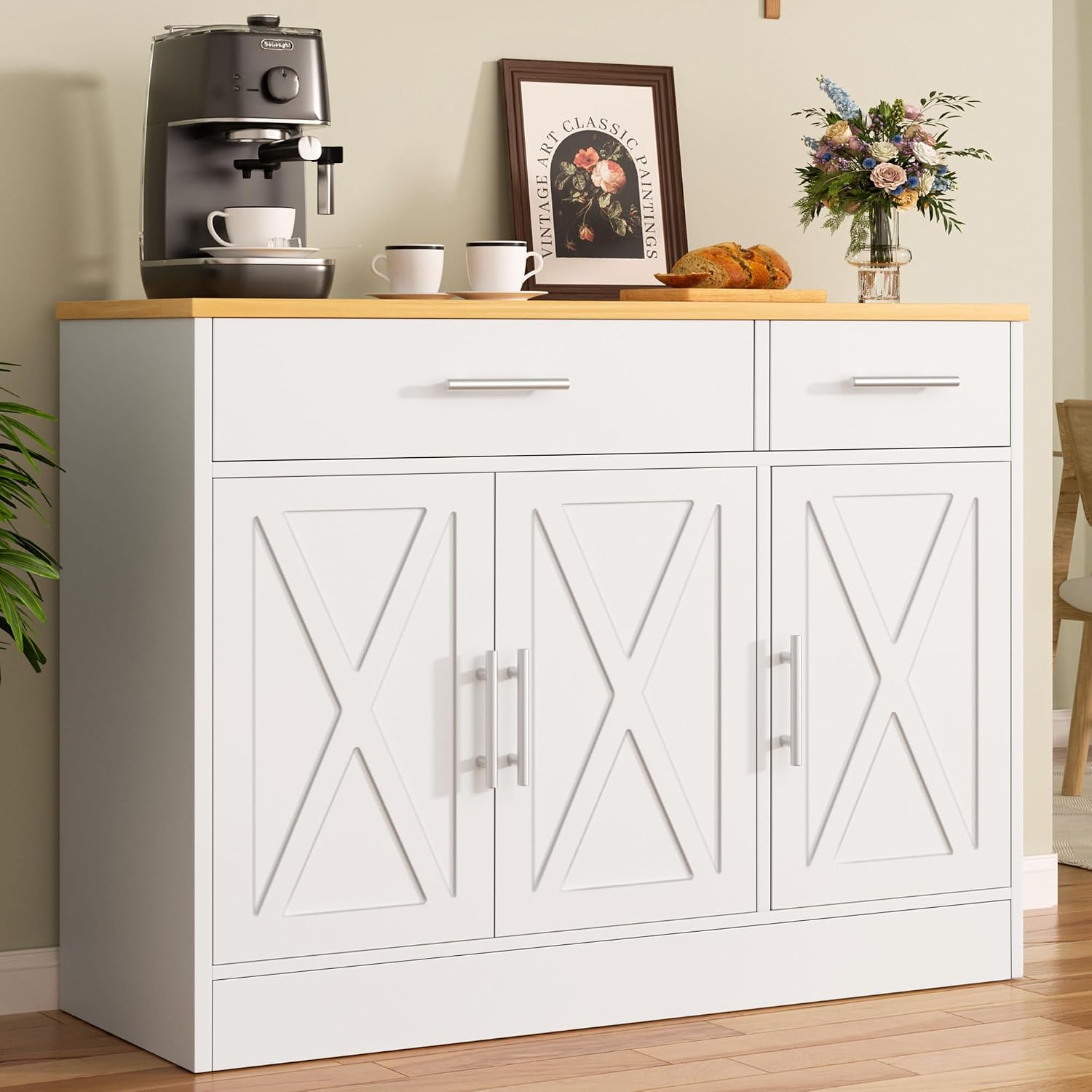 Buffet Cabinet with Storage, Coffee Bar Cabinet, Farmhouse Wood Kitchen Cabinets with Drawers and Doors, Wide Sideboard Cabinets, White