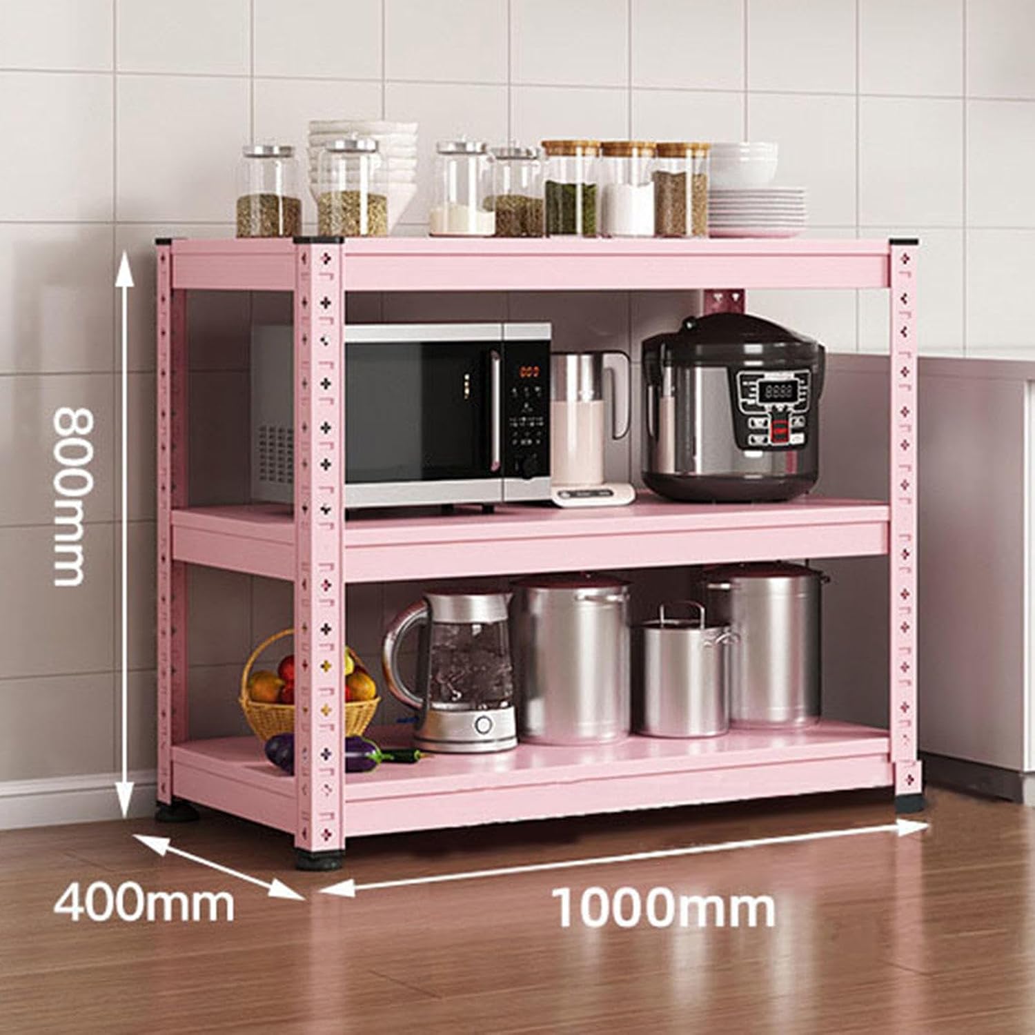 3-Tier Utility Shelves Metal Storage Shelves Garage Shelving Unit Adjustable Free Standing Kitchen Storage Shelf Rack, 31.5' H x 15.8' W,Pink-39.4' L