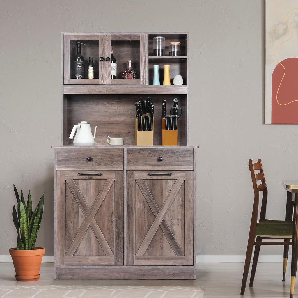 Arlopu Dual Tilt Out Trash&Storage Cabinet, Kitchen Sideboard Cupboard W/Pet Proof 10X2 Gal Hidden Garbage Holder, Freestand Laundry Sort Cabinet, W/Drawer, Shelves,Barn Door (Oak Grey)