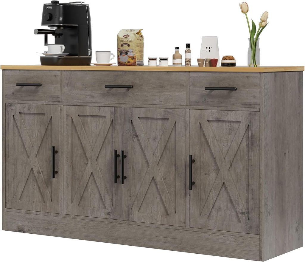 Farmhouse Buffet Cabinet, Accent Storage Cabinet with Doors and 3 Drawers, Wide Sideboard Coffee Bar Cabinets for Living Room, Kitchen, Ivory