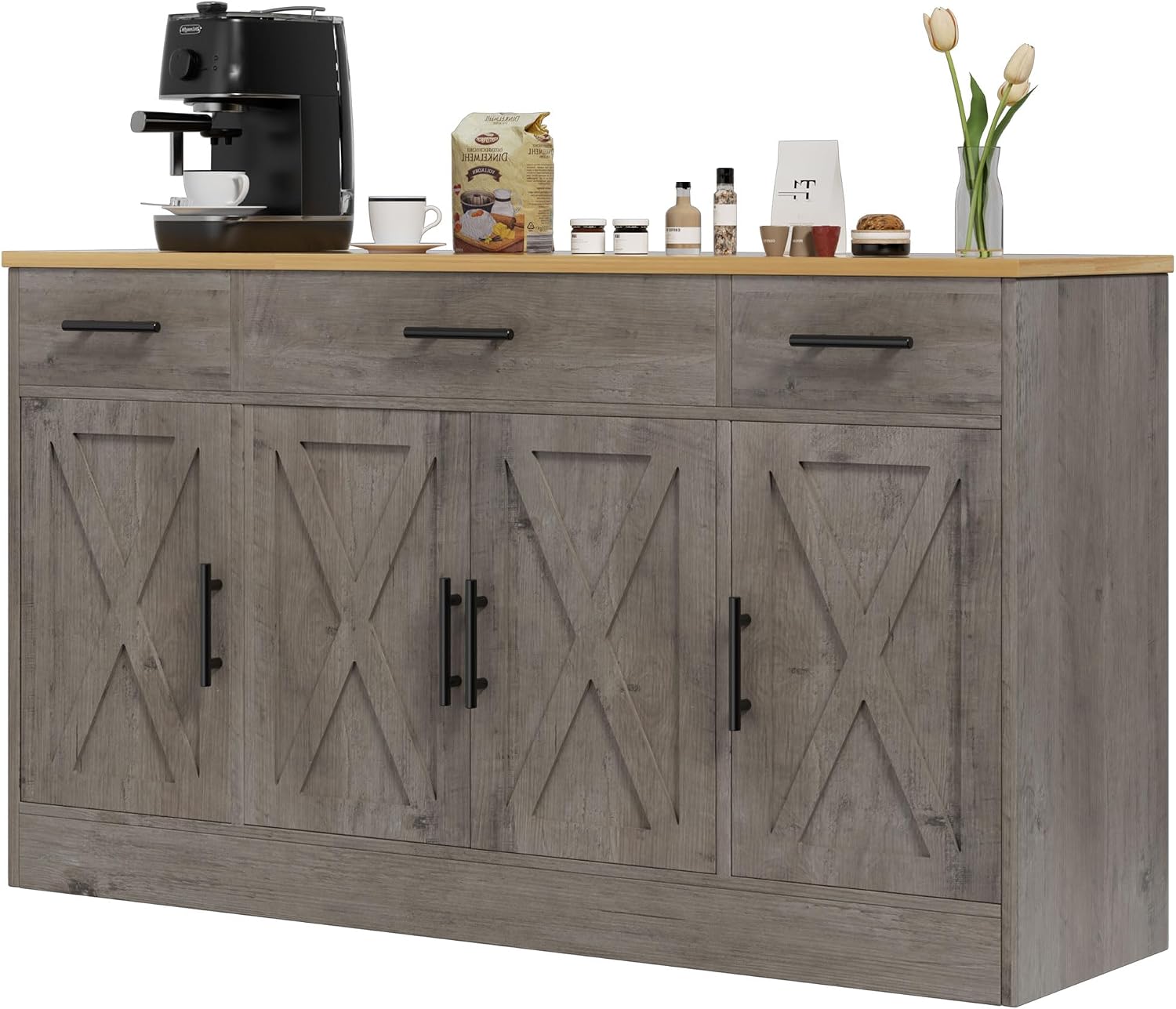 Farmhouse Buffet Cabinet, Accent Storage Cabinet with Doors and 3 Drawers, Wide Sideboard Coffee Bar Cabinets for Living Room, Kitchen, Ivory