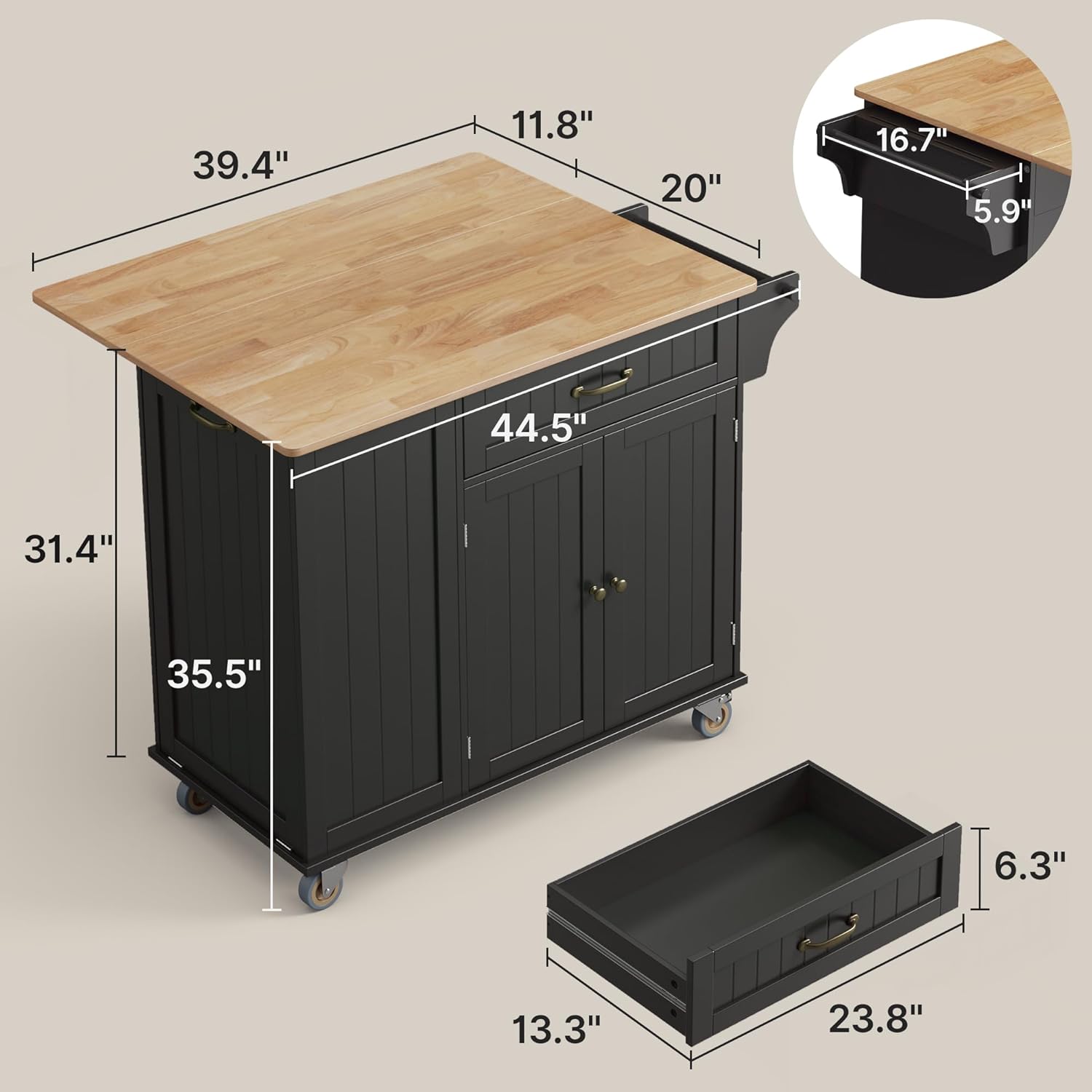 Ahomly Kitchen Island with Storage, 44.49' Kitchen Island with Trash Can Storage, Drop Leaf Rubberwood Top, Knife Holder, Adjustable Shelf, Towel Bar, Drawer, Spice Rack, Black