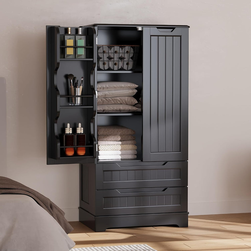 Gizoon Kitchen Pantry Cabinet with Drawers, 47' Small Food Pantry Storage Cabinet with 6 Door Shelves for Snack and Spice, Freestanding Craft Storage Cabinet for Craft Room, Black, Painted