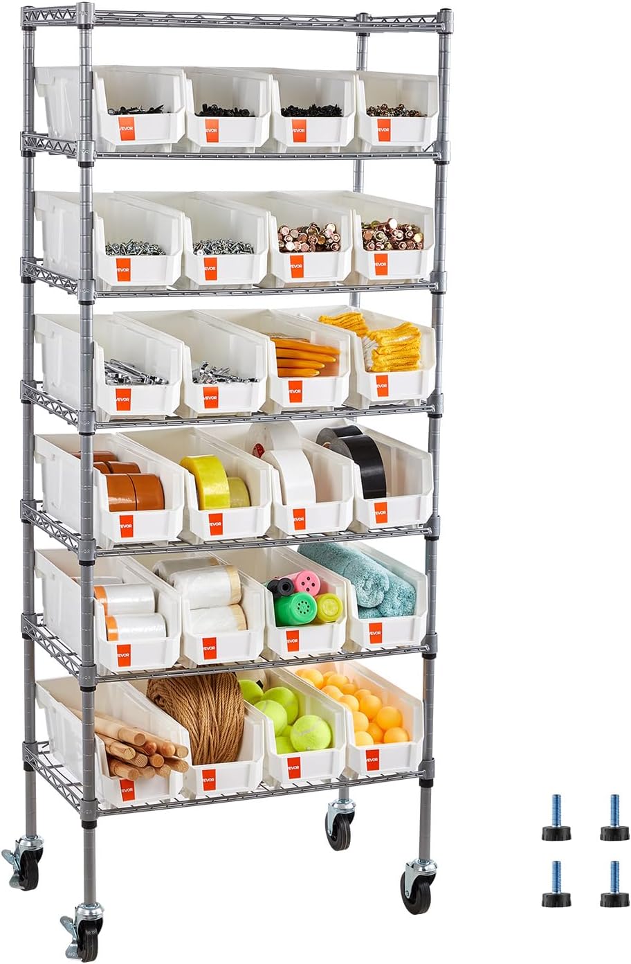 VEVOR 7-Tier Rolling Bin Storage Rack, 24 Small Bins, Bin Rack Storage Steel Wire Shelving System with Wheels, Mobile Tool Organizer for Garage, Warehouse, Office, Restaurant, Classroom, Kitchen