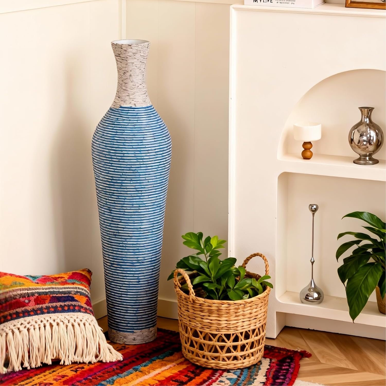 39-Inch Tall Vintage Floor Vase - Premium PVC Rattan Weave, Large Blue Striped Standing Vase, Flower Holder for Home Decor (Blue)
