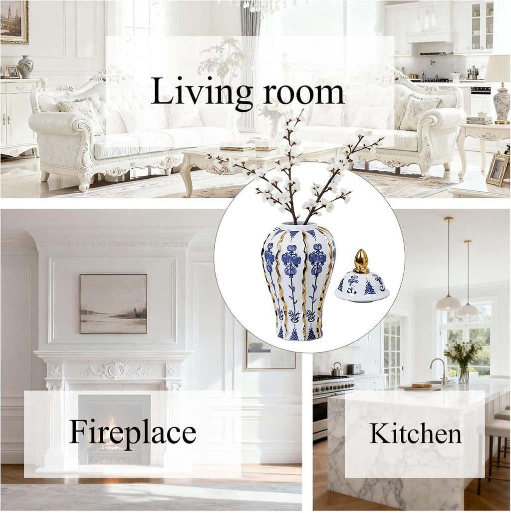 Blue and White Ginger Jar with lid, 18 Inch Large Ceramic Vase for pampas grass, Luxury Home Decor White Gold Tall Flower Vase for Living Room Kitchen Centerpiece, Hotel Wedding Decor