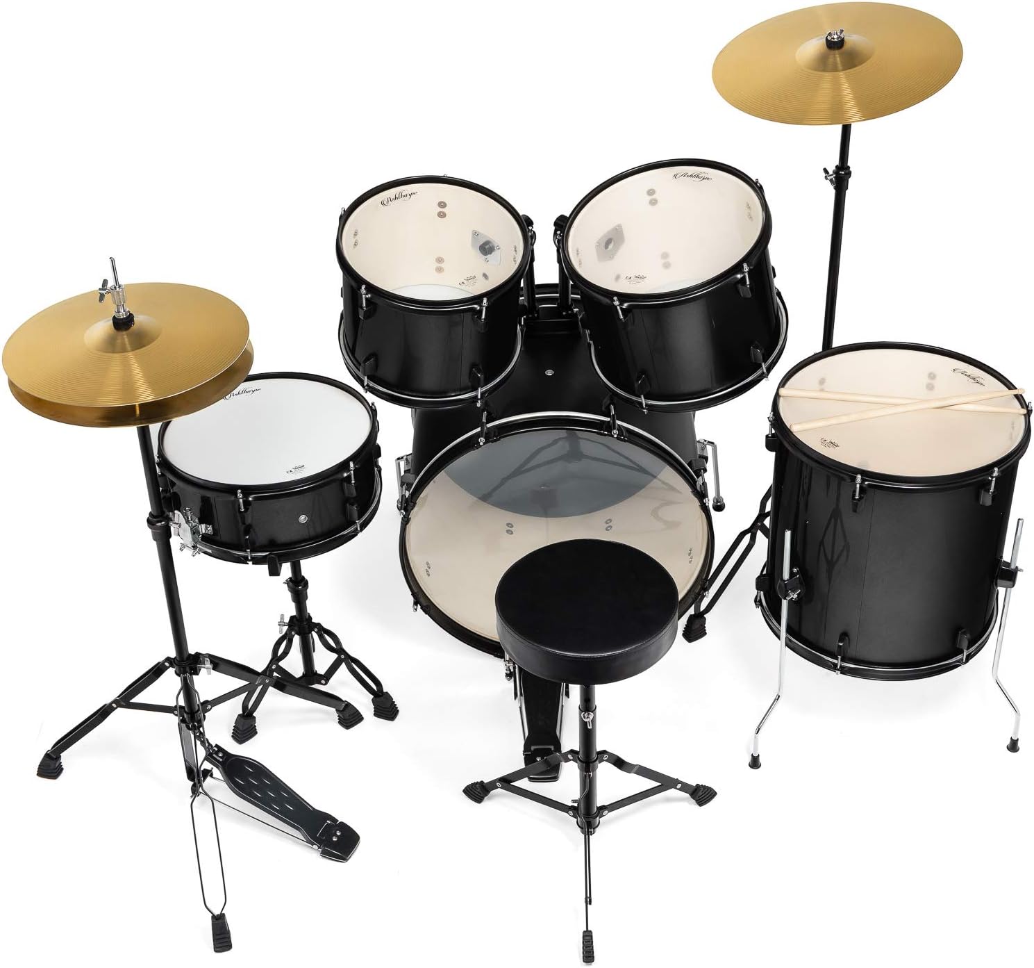 Ashthorpe 5-Piece Complete Full Size Adult Drum Set with Remo Batter Heads - Black