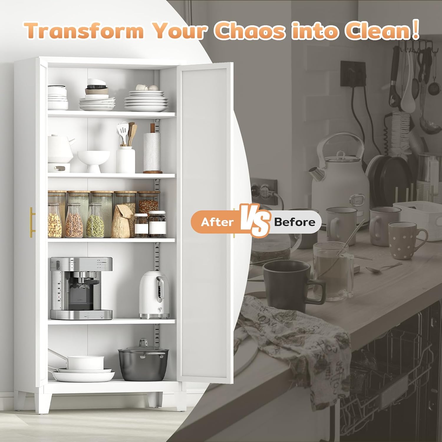 Zevemomo 71'' Tall Metal Pantry Cabinet with 2 Doors, Freestanding Kitchen Storage Cabinet with 4 Adjustable Shelves, Steel Cupboard for Kitchen, Pantry, Dining Room, Living Room, Bathroom, White