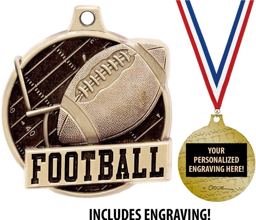 Football Medals - 1 1/2' Gold Football Medals, Great Kids Football Awards with Custom Engraving