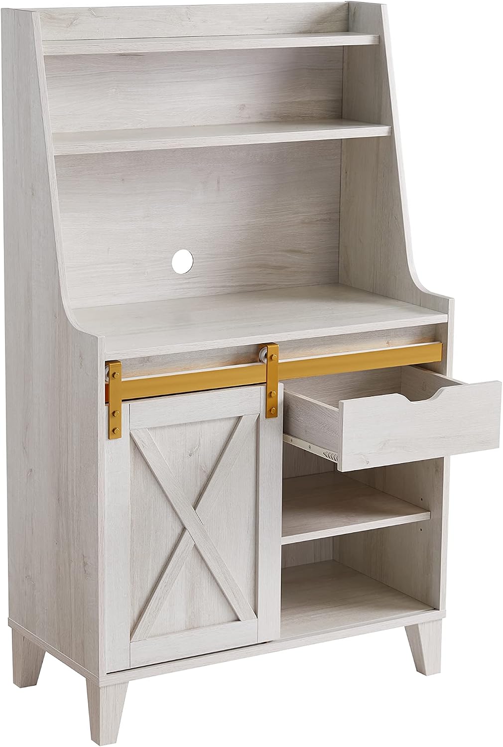 HOMES: Inside + Out Dover Farmhouse Multi-Storage with 7 Shelves 32 in. Kitchen Baker's Racks for Dishes, Spice Jar, Vases, and Chopping Board, White Oak