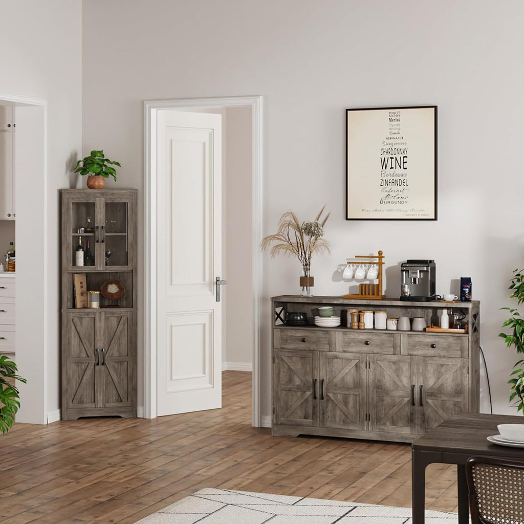 FiveWillowise 51' Farmhouse Buffet Sideboard with Storage, Kitchen Pantry Cabinet with Storage Drawers, Wood Cupboard Hutch, Coffee Bar Station Table for Kitchen, Living Room, Dining Room, Grey