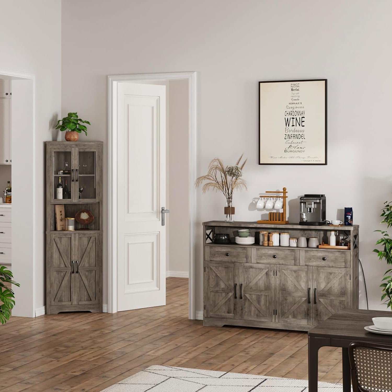FiveWillowise 51' Farmhouse Buffet Sideboard with Storage, Kitchen Pantry Cabinet with Storage Drawers, Wood Cupboard Hutch, Coffee Bar Station Table for Kitchen, Living Room, Dining Room, Grey