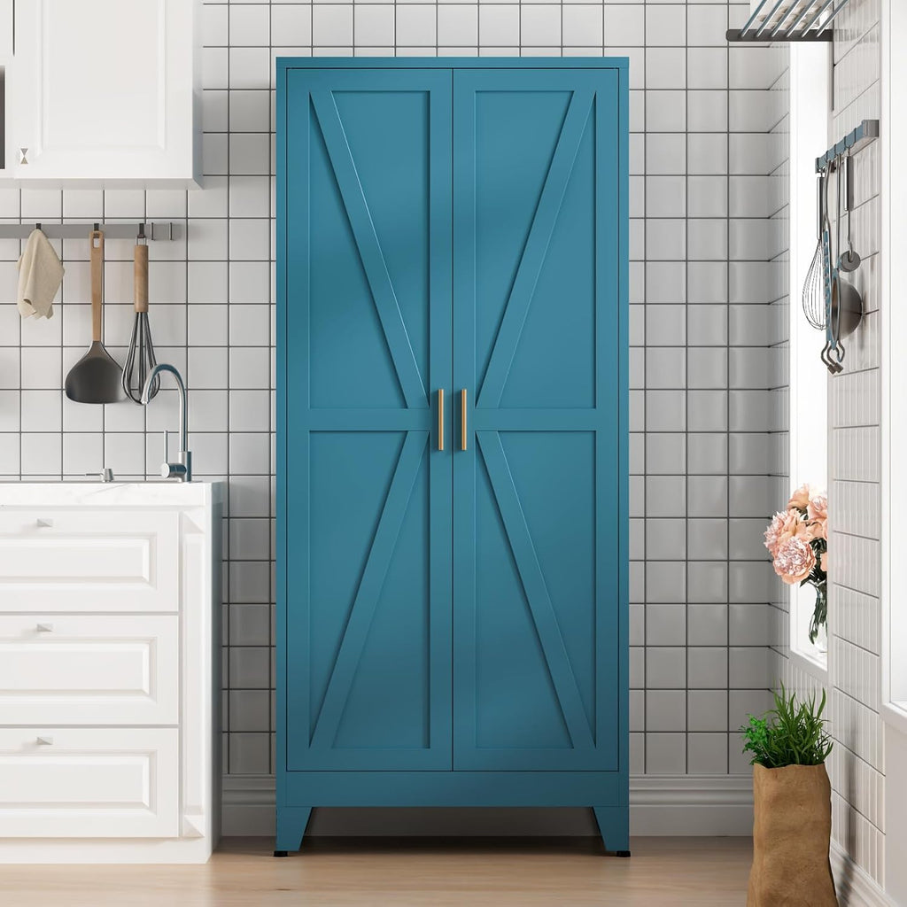 COFaR Home Farmhouse Storage Cabinet with 2 Barn Door, Tall Kitchen Pantry Cupboard with 3 Adjustable Shelves, for Dining Room, Bathroom, Living Room (Blue Green, 61' Farmhouse)