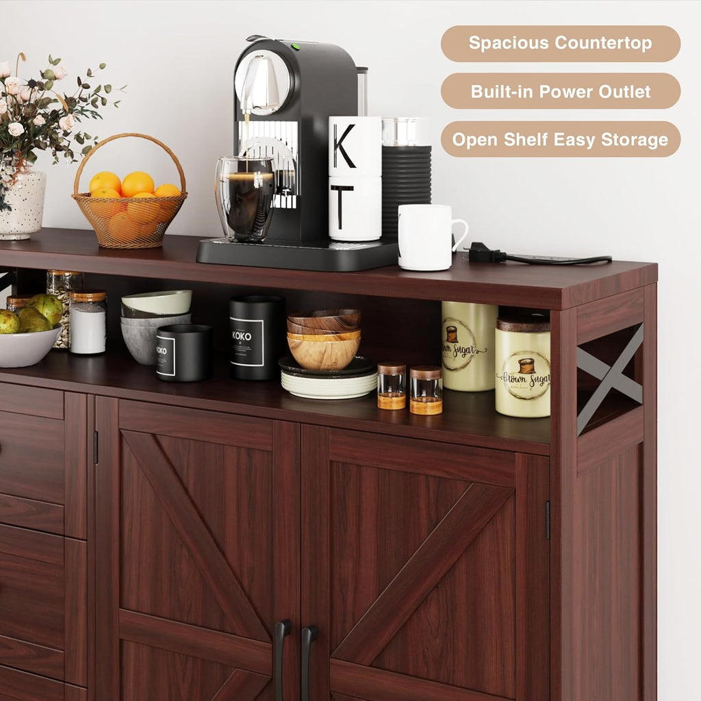 47' Dark Brown Farmhouse Storage Cabinet with Barn Doors and Drawers, Sideboard Buffet Cabinet with Storage, Kitchen Pantry Hutch, Coffee Bar Station Table for Kitchen, Living, Dining Room