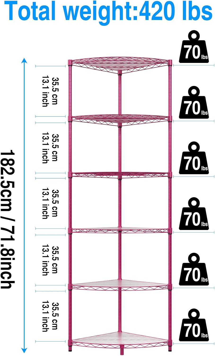 6 Tier NSF Corner Wire Shelf Shelving Unit, 18 x 18 x 72 Inch 420lbs Capacity Heavy Duty Adjustable Metal Storage Rack with Leveling Feet & Shelf Liners for Office Kitchen Bathroom and More - Pink