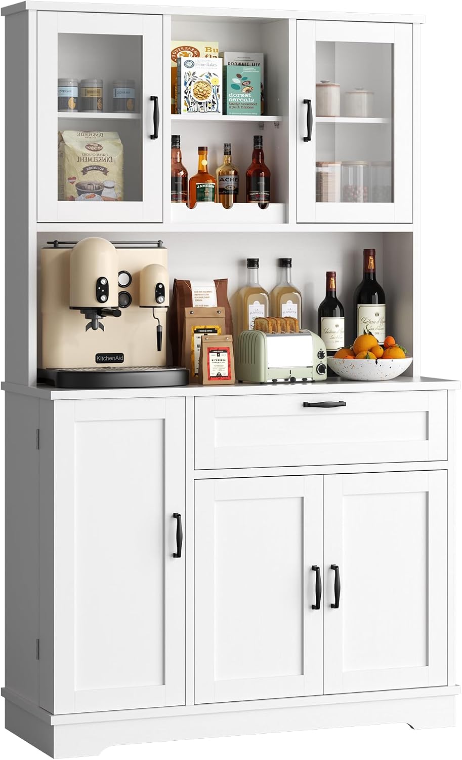 Vongrasig Kitchen Pantry Cabinet, Farmhouse Kitchen Hutch Tall Storage Cabinet with Doors and Shelves, Modern Food Pantry for Dining Room, White
