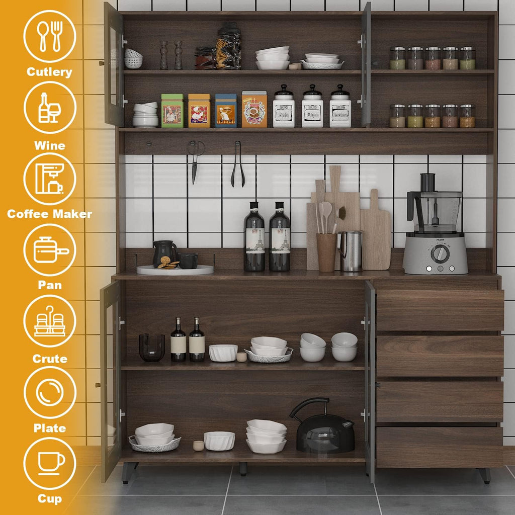 AIEGLE 63' W Large Kitchen Hutch Cabinet, Pantry Cabinets with Hutch, Freestanding Cupboard with 4 Doors, 4 Drawers & Microwave Shelf, Kitchen Storage Buffet, Dark Walnut (63' W x 15.7' D x 74.8' H)