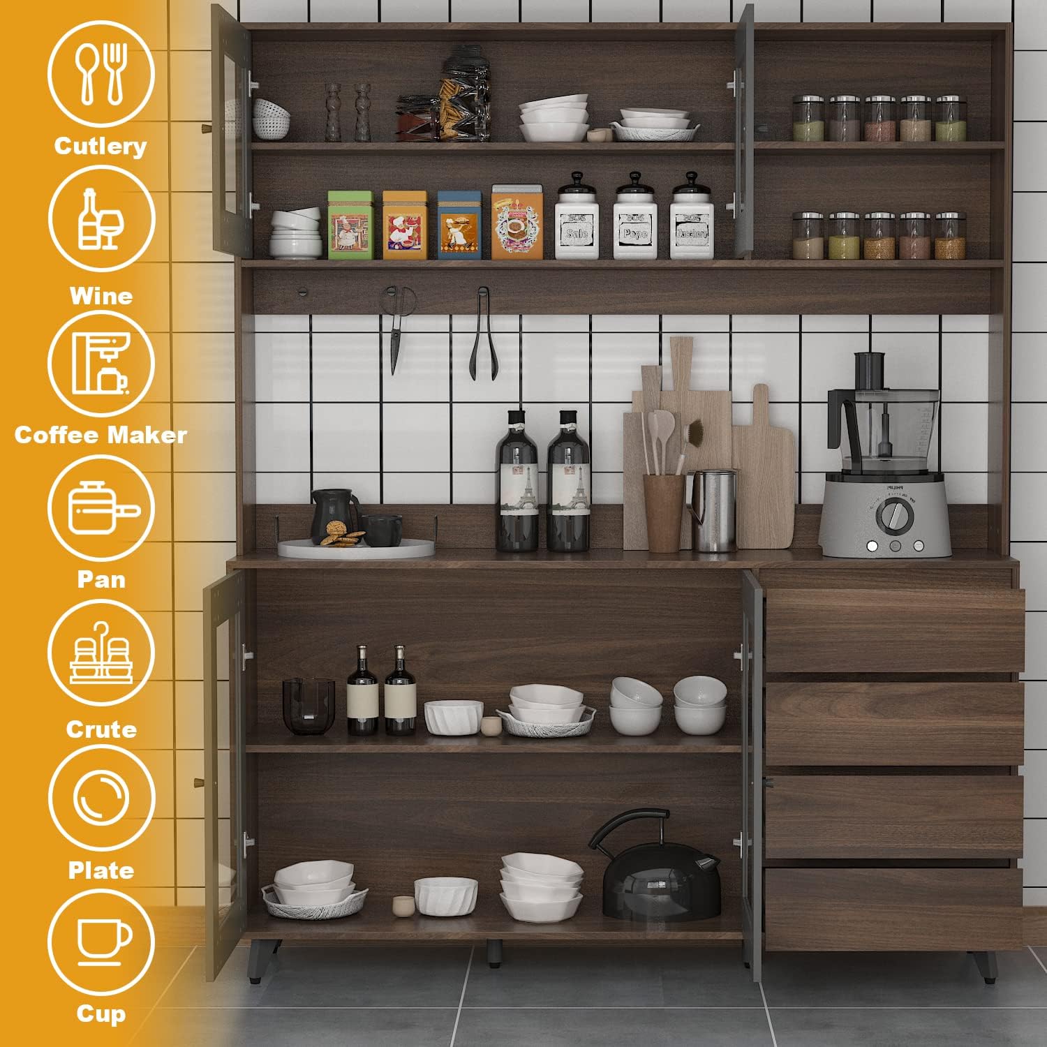 AIEGLE 63' W Large Kitchen Hutch Cabinet, Pantry Cabinets with Hutch, Freestanding Cupboard with 4 Doors, 4 Drawers & Microwave Shelf, Kitchen Storage Buffet, Dark Walnut (63' W x 15.7' D x 74.8' H)