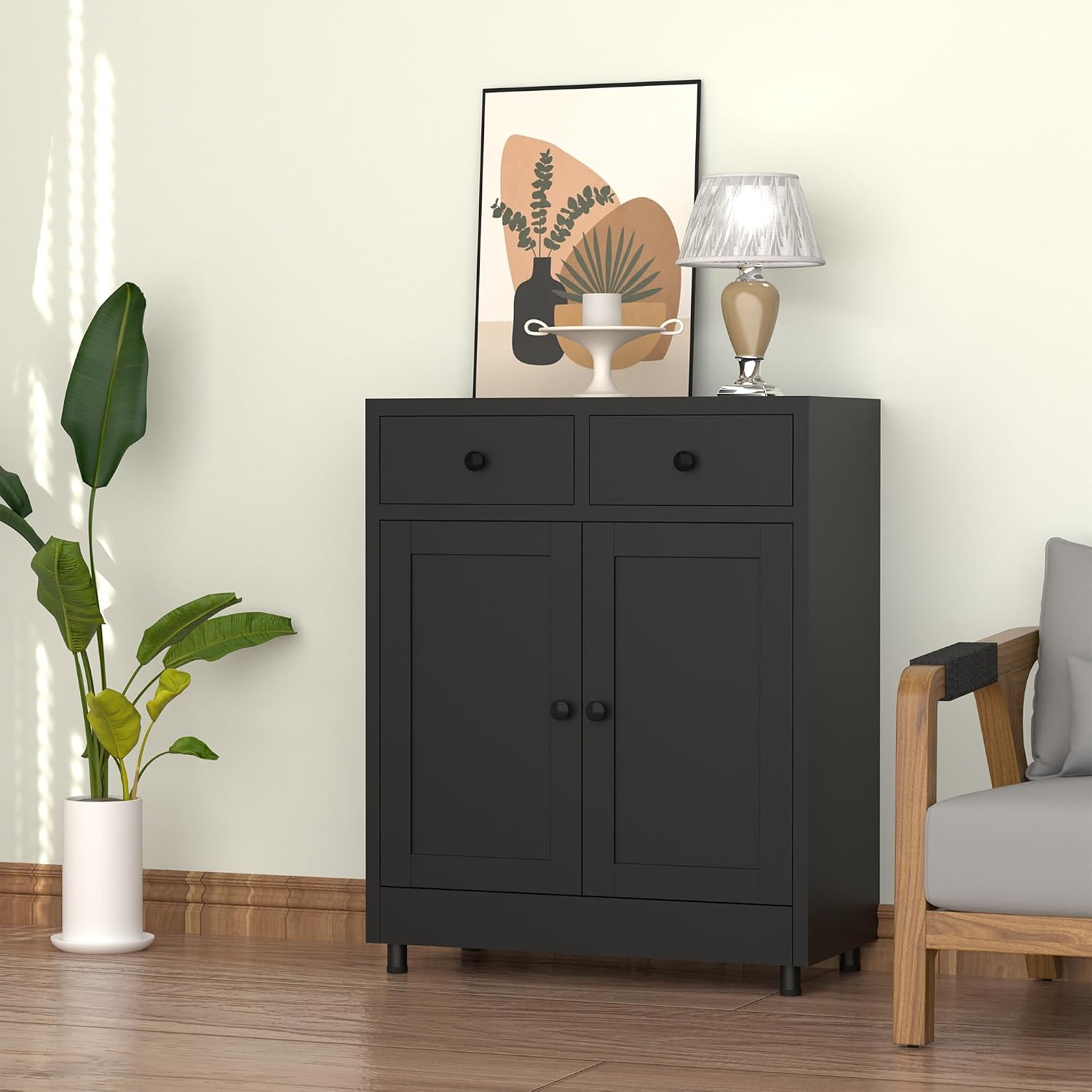 Metal Storage Cabinet with 2 Drawers and Adjustable Shelf, Sideboard Buffet Cabinet for Home, Office, Hallway, Entryway, Living Room, Kitchen Pantry and Dining Room (Black)