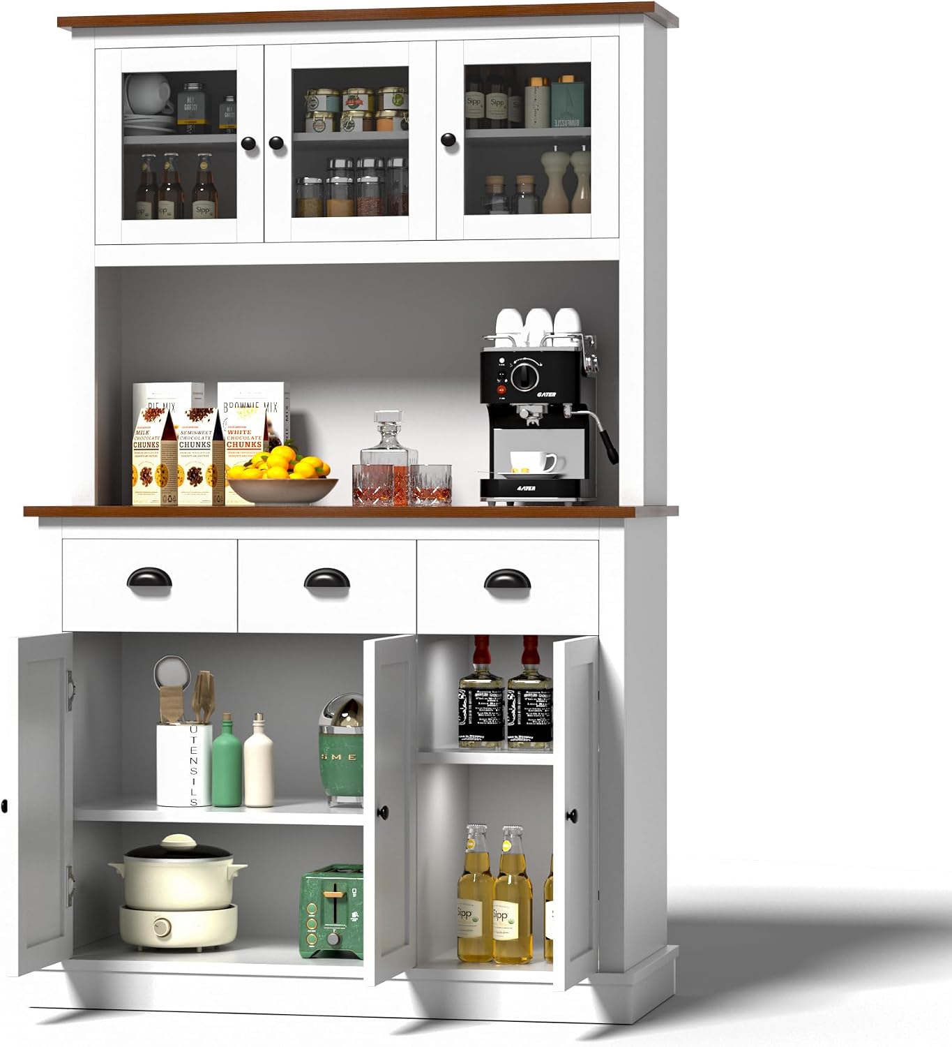 MU 71' Kitchen Pantry Cabinet with Charging Station, Tall Pantry Hutch with Drawers, Countertop & Microwave Shelf, Food Storage Cabinet for Dining Room & Coffee Bar, White