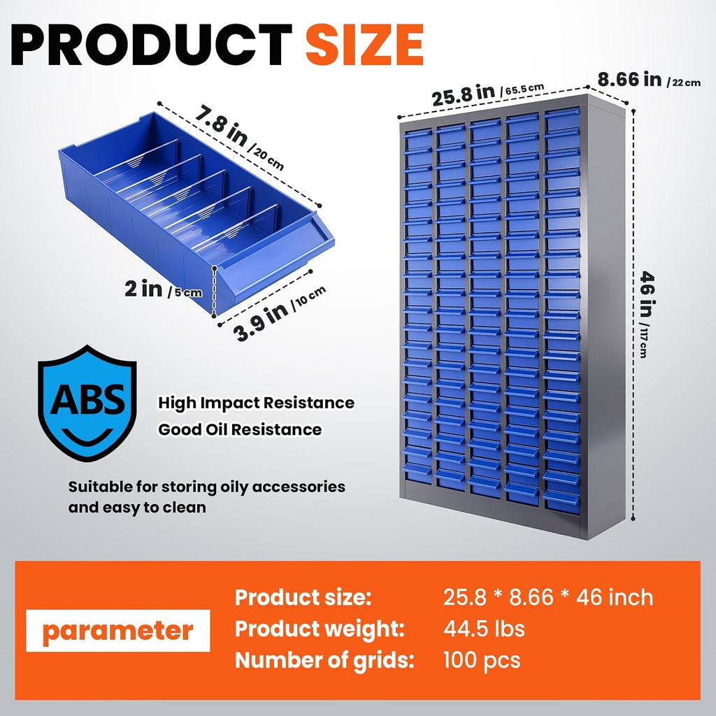 100 Drawers Nut and Bolt Organizer, 26x9x46 Stainless Steel Parts Cabinet with Shelfs & Labels Bolt Organizer for Workshop Tool & Hardware Storage and Organization (100 Drawers)
