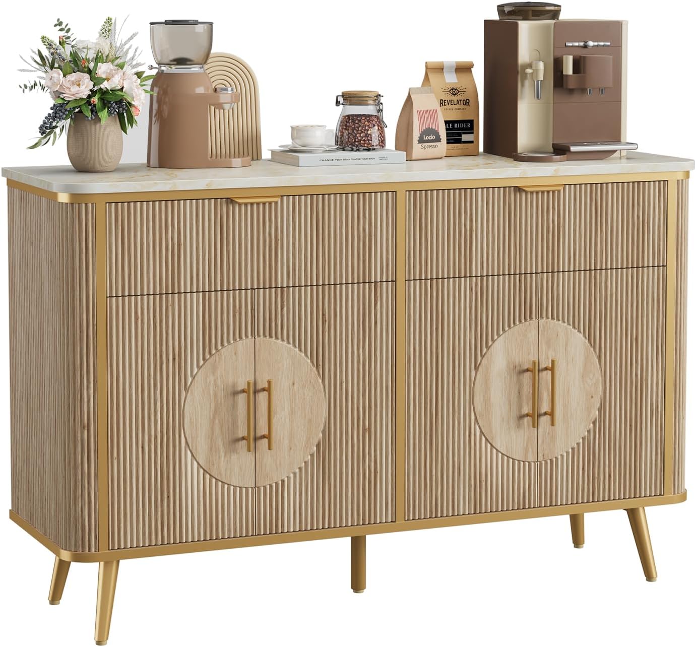 47.2' Buffet Storage Cabinet, Modern Fluted Coffee Bar Station with 2 Drawers & Adjustable Shelves, Kitchen Sideboard Buffet for Dining Room, Living Room, Hallway, Natural Oak