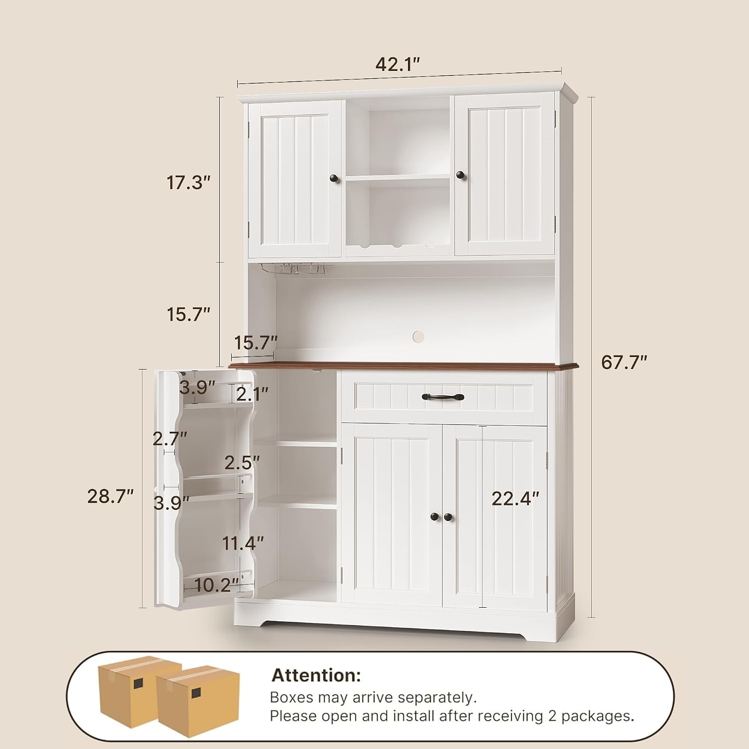 Gizoon Kitchen Pantry Cabinet with Countertop Kitchen Hutch Storage Cabinet 67.7' Tall Pantry Coffee Bar with Storage for Dining Room and Craft Room, White and Rustic