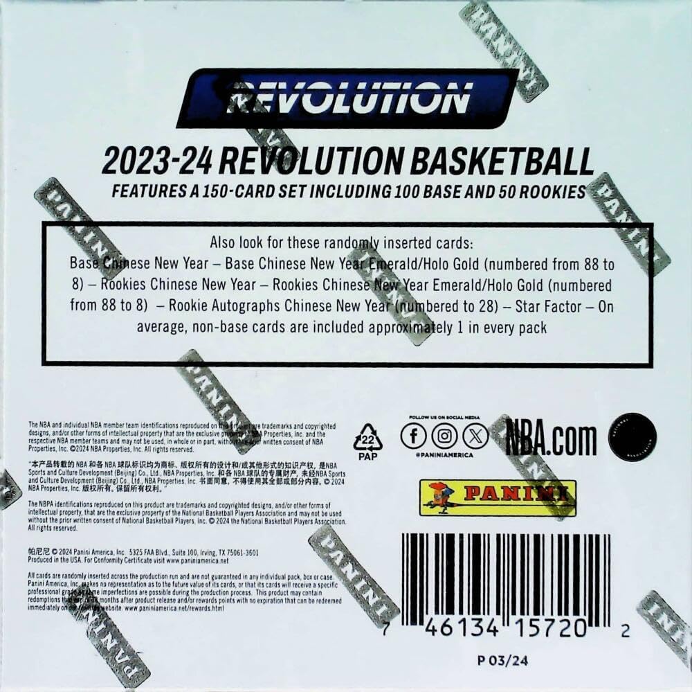 2023-24 Panini Revolution NBA Basketball Factory Sealed Chinese New Year Hobby Box 12 Packs of 5 Cards. Look for Rookie Cards of Ausar Thompson, Amen Thompson, Victor Wembanyama and Others. Look for rare Parallels. See Scans for more details.