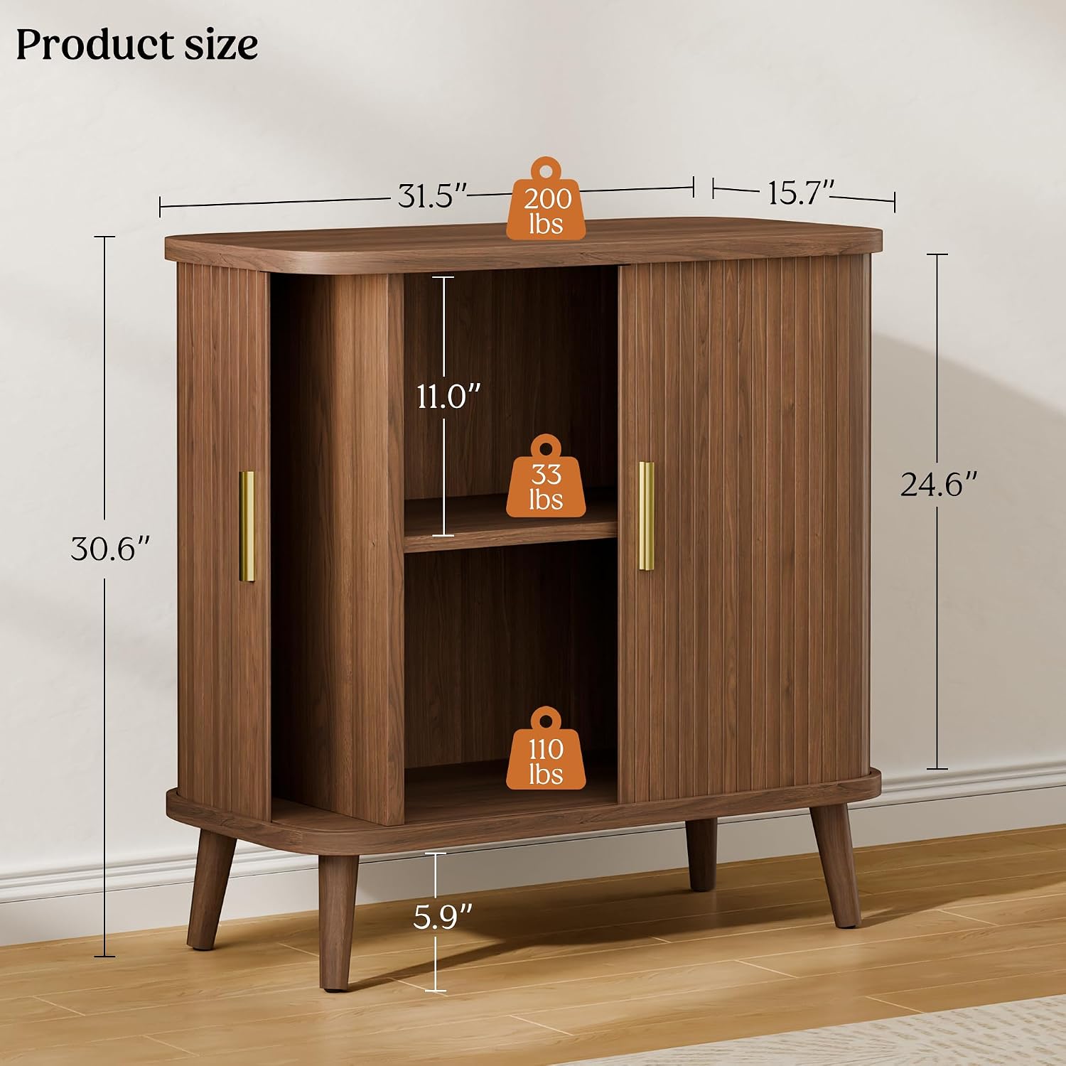 Lulive Walnut Buffet Cabinet, Sideboard Buffet Storage Cabinet with Rolling & Sliding Doors, Modern Bar Cabinet for Kitchen & Dining Room