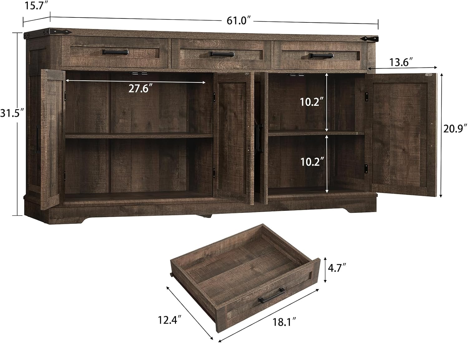usikey Buffet Cabinet, 61' Large Sideboard Buffet Storage Cabinet with 3 Drawers, Farmhouse Coffee Bar with 4 Doors, Buffet Table for Kitchen, Living Room, Antique Oak