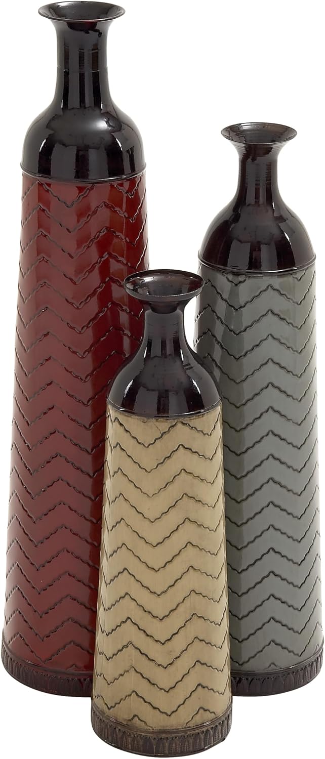 Deco 79 Metal Decorative Vase Tall Enameled Bottleneck Floor Centerpiece Vases with Chevron Pattern, Set of 3 Vases for Home Decoration 32', 27', 22'H, Multi Colored