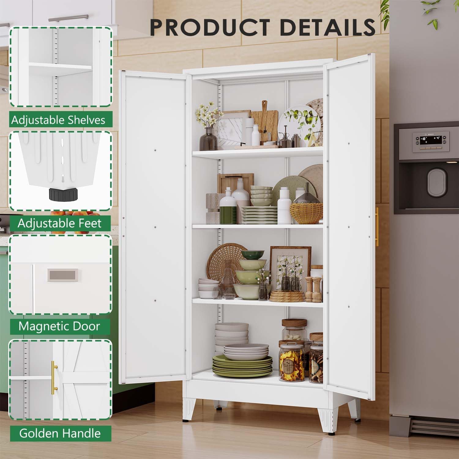 61' Kitchen Pantry Cabinet, Metal Storage Cabinet with 2 Doors and 3 Adjustable Shelves, White Food Pantry Cupboard for Kitchen, Dining Room, Living Room and Bathroom (White)