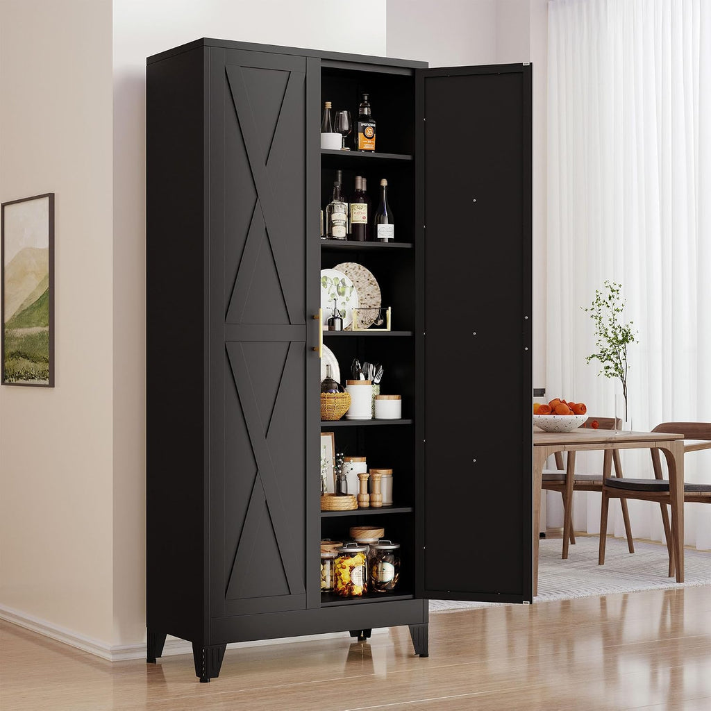 pozdeg 75' Tall Metal Kitchen Pantry Storage Cabinet with 2 Doors and 5 Adjustable Shelves, White Food Freestanding Cupboard for Kitchen, Dining Room, Bathroom and Garage (Black)