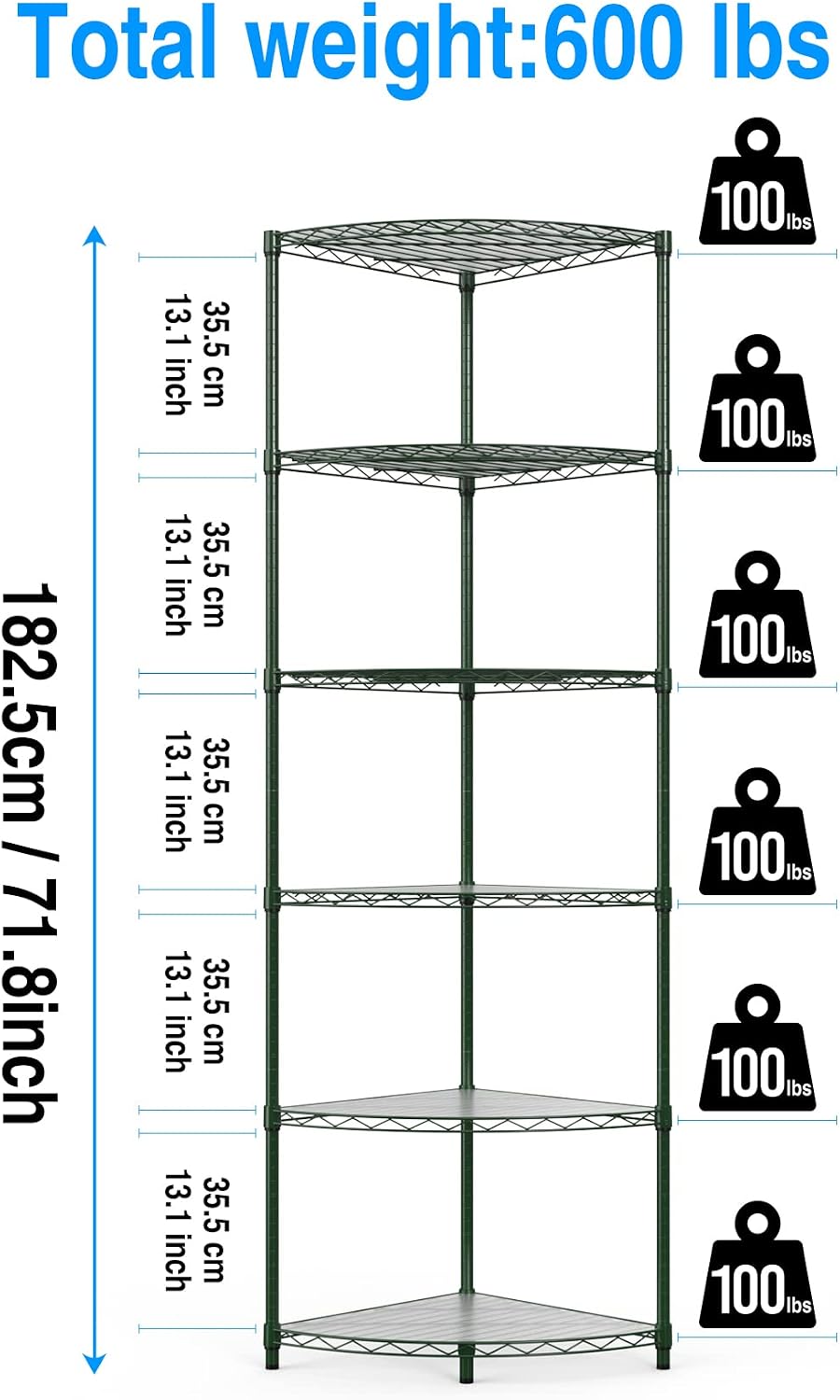 6 Tier NSF Corner Wire Shelf Shelving Unit, 18 x 18 x 72 Inch 420lbs Capacity Heavy Duty Adjustable Metal Storage Rack with Leveling Feet & Shelf Liners for Office Kitchen Bathroom and More - Green