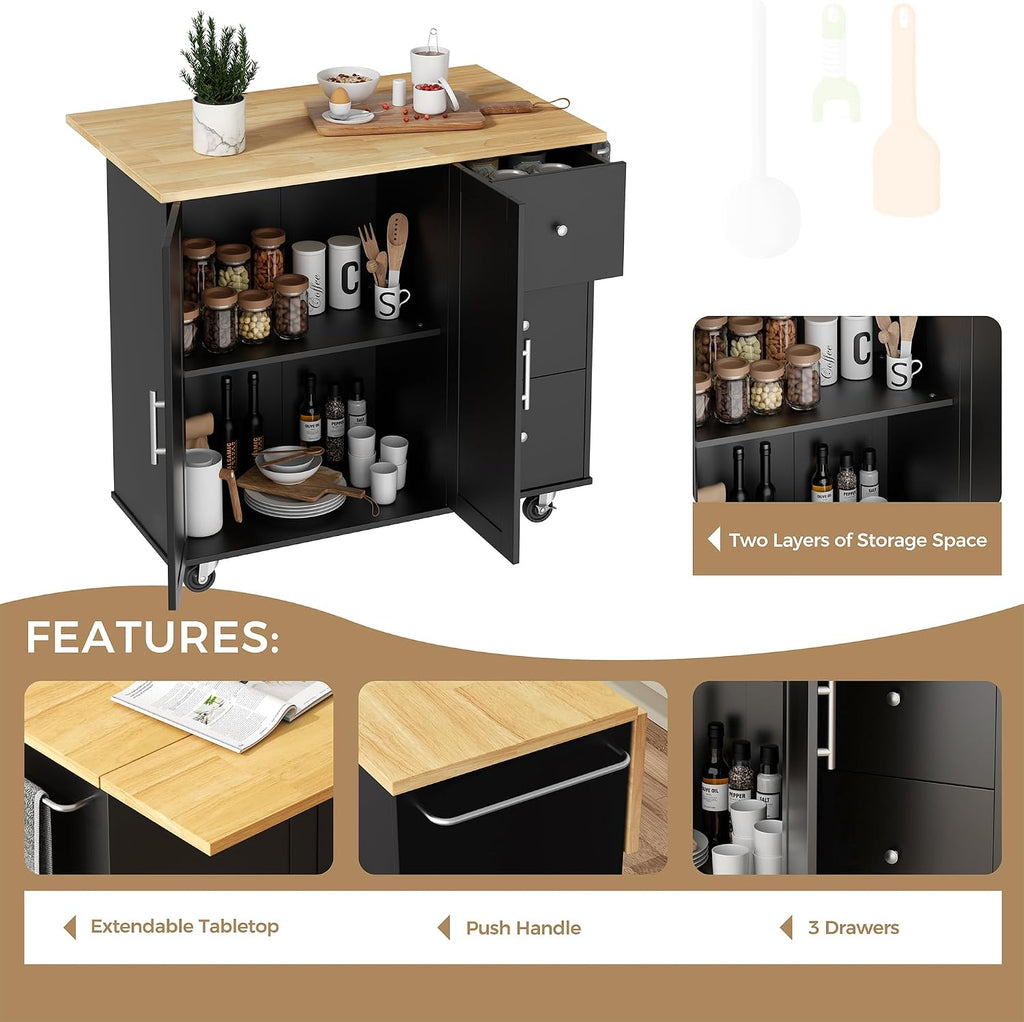 JY QAQA 40' Kitchen Island Cart Furniture cart on Wheels Rolling Portable Dining Room Serving Utility Carts Mobile Movable with Drawers Cabinet,Black