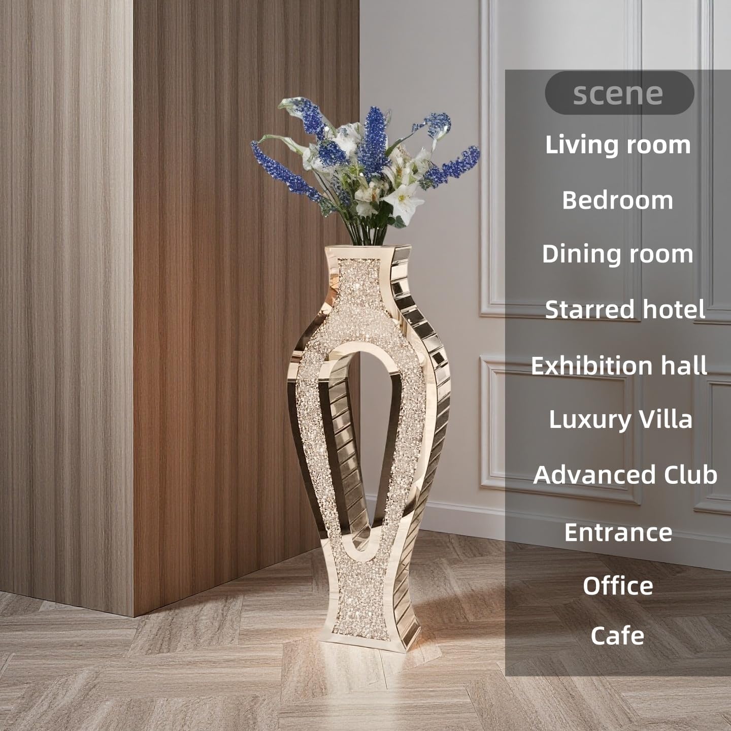 30'' Large Double Sided Crushed Diamond Vase, Tall Mirrored Sliver Vases for Floor,Decorative Vase with High-end Hollow Out Design for Home,Office,Hotel (11.8' L x 5.37' W x 30' H)