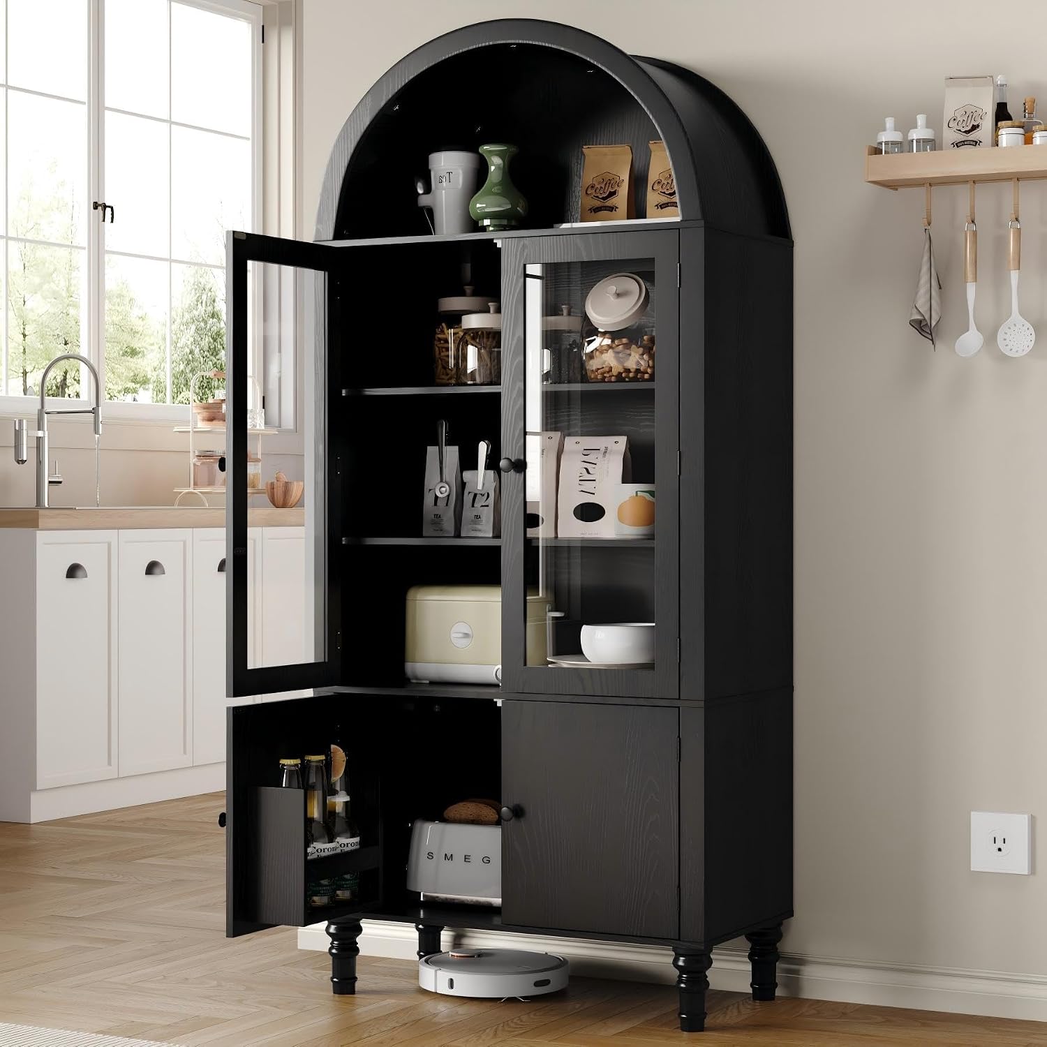 Furnify 71' Tall Arched Pantry Cabinet, Modern Kitchen Storage Cabinet with Doors, 3 Adjustable Shelves, Door Shelves, Organizer, Versatile Cupboard for Kitchen, Bathroom, Black
