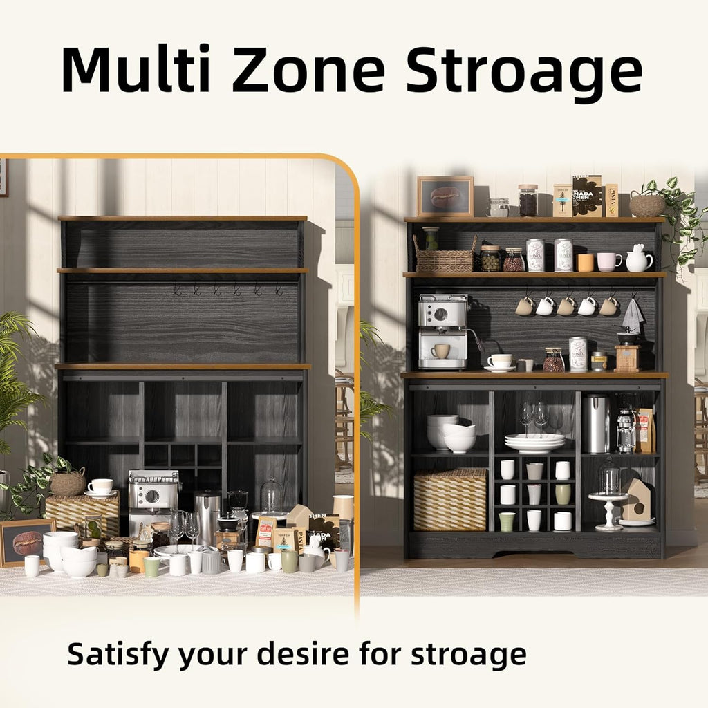 BestHaped Farmhouse Coffee Bar Cabinet with 3 Tier Storage Hutch, 47'' Coffee Bar Station with Sliding Barn Door, Hutch Storage Cabinet with 9 Wine Racks & 9 Hooks for Kitchen Dining Living Room