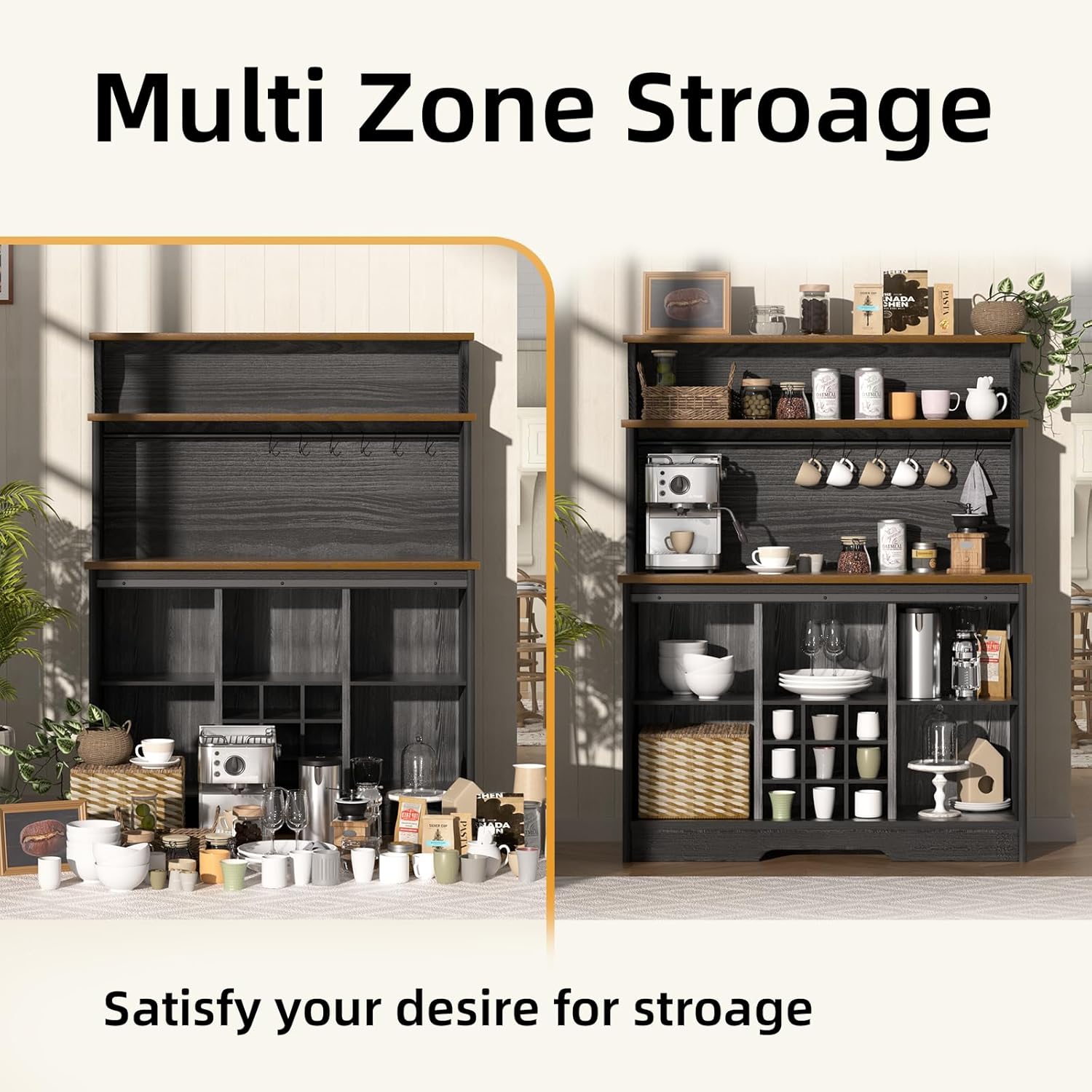 BestHaped Farmhouse Coffee Bar Cabinet with 3 Tier Storage Hutch, 47'' Coffee Bar Station with Sliding Barn Door, Hutch Storage Cabinet with 9 Wine Racks & 9 Hooks for Kitchen Dining Living Room