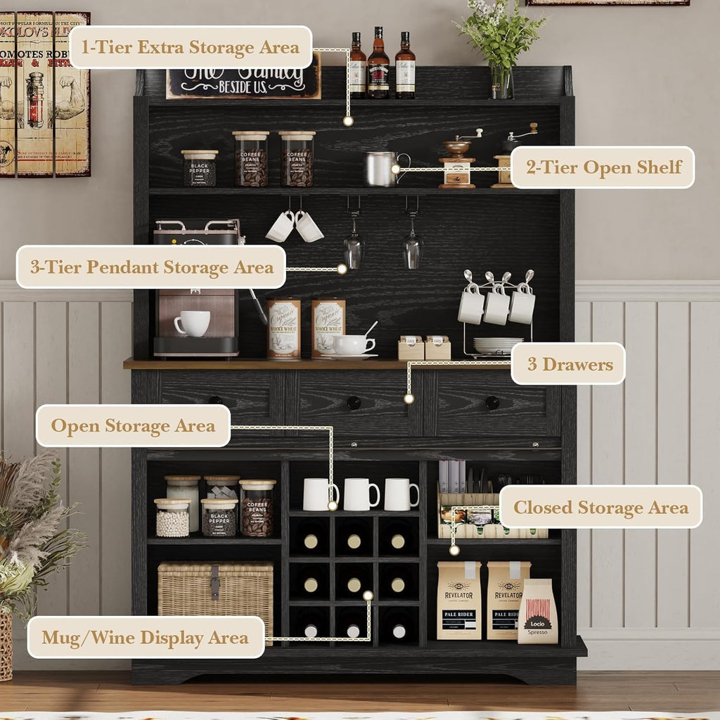 REVOMINCA 63 Inch Tall Coffee Bar Cabinet with 3-Tier, Kitchen Hutch with 3 Large Drawers, Farmhouse Coffee Bar with 9 Wine Racks & 3 Glass Holders, Wine Storage Cabinet for Living Dining Room, Black