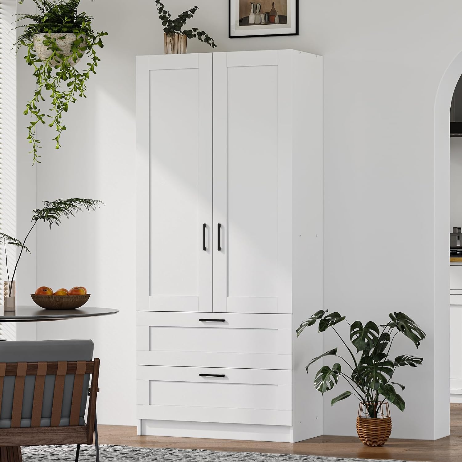 White Tall Kitchen Pantry Cabinet Organizers and Storage with Doors and Drawer and Adjustable Shelves，Wood Large Gabinetes Para Cocina Office Bookshelf for Laundry Room Cabinets (31.5'W*15.7'D*71'H)