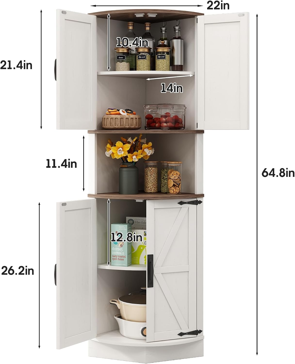 Vabches 64.8' Tall Farmhouse Corner Cabinet with 4 Doors and 5 Storage Shelves, Farmhouse Storage Cabinet with Barn Door Design, Home Space Saver for Living Room, Kitchen, Laundry Room,White