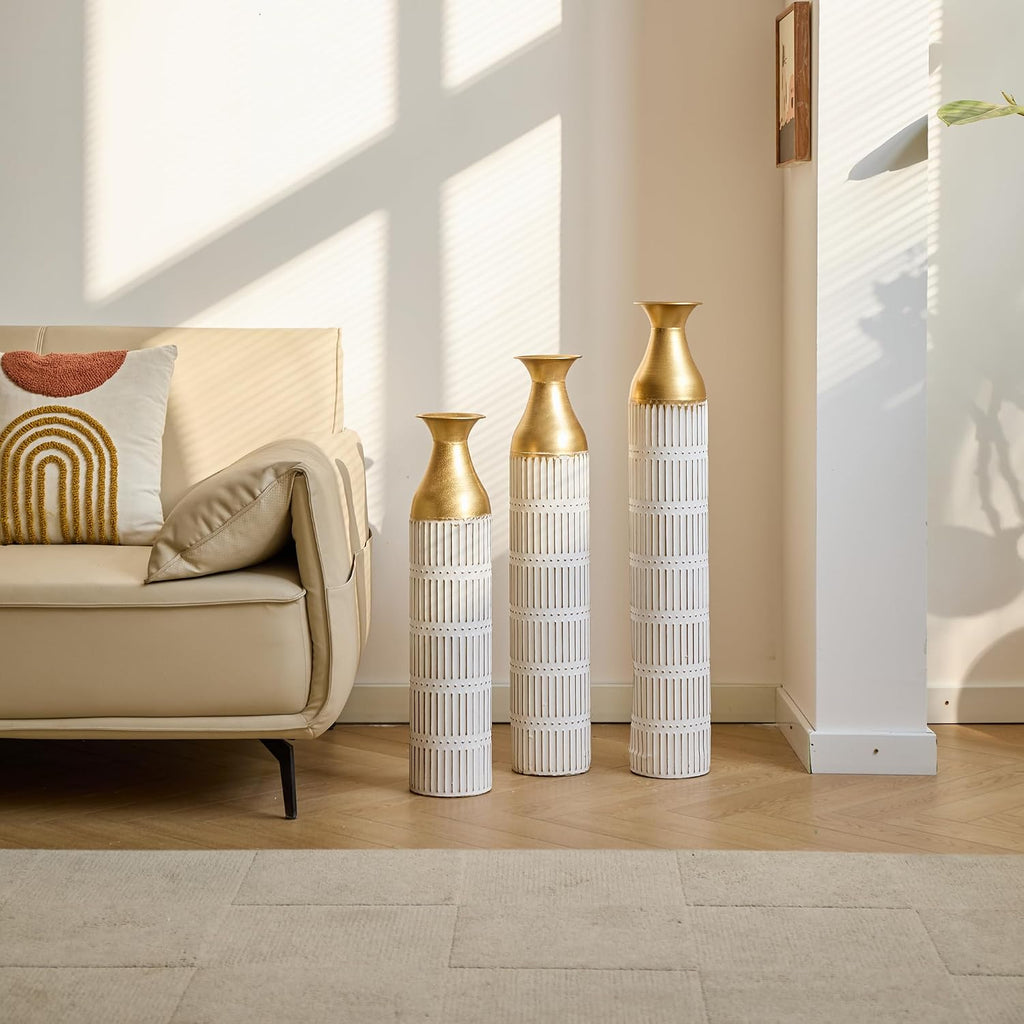 Floor Vases Decorative Tall - 24/28.7/33.5in Glazed Metal Extra Large Decorative Vase Set of 3, White Tall Floor Vase for Home Decor, Living Room Entryway Decor Dining Bedroom Home Corner Office