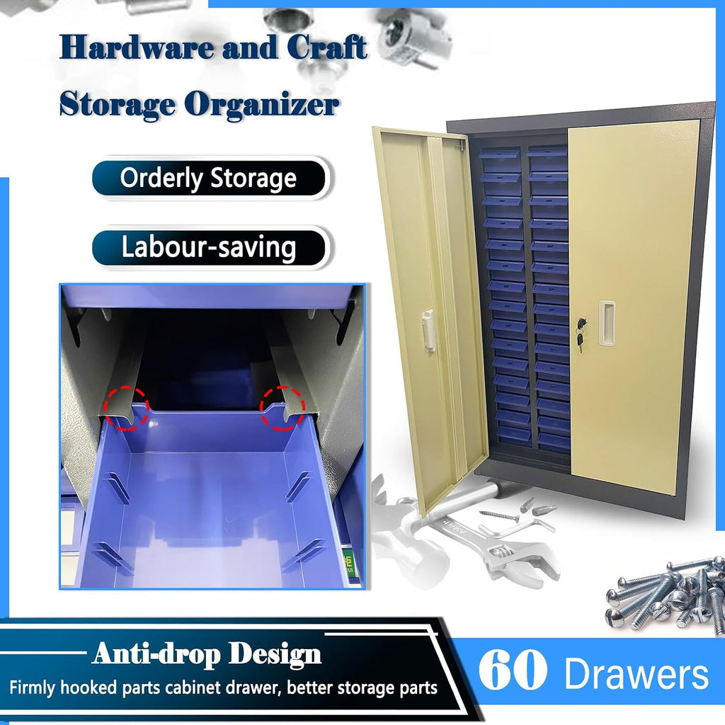 60 Drawer Parts Storage Cabinet | Cold-Rolled Steel Body, ABS/PS Drawers, Anti-Slip Design, Safety Lock, Dustproof Strips, for Small Parts, Hardware, Tools